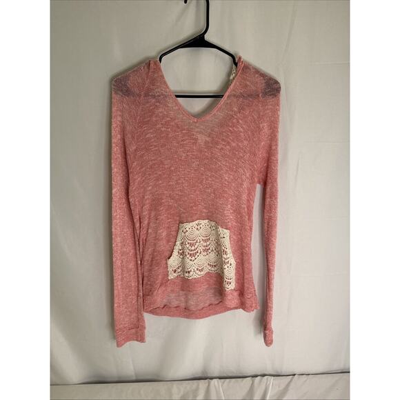 Knit Pullover Hoodie Top Long Sleeve. Bozzolo Pink With White Lace Size‎ Large - Picture 1 of 6